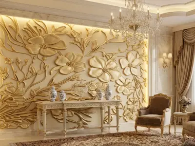 Modern floral Relief Panel Wall Decor Set STL Mural CNC 337 3D model