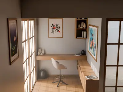 Japanese style room with a desk and chair Low-poly 3D model