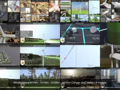 Windturbines H114m - H119m - H138m - H250m Canyon and Valley 3D Model Pack