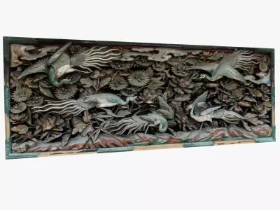 Japanese Ranma Wood Carving Cranes and Peonies Low-poly 3D model