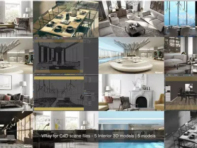 VRay for C4D scene files - 5 x Interior 3D scenes 3D Model Pack