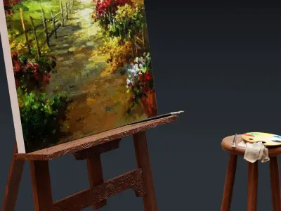Carved Wood Easel and Painting Set 3D model