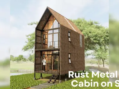 Rust Metal Loft Cabin on Stilts - Tropical House Low-poly 3D model