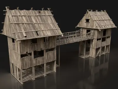 Next Gen AAA Wooden Watchtower Bridge Gate - ENTERABLE Low-poly 3D model