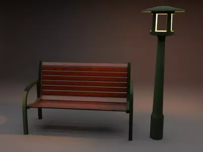 Park bench with lantern Low-poly 3D model