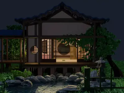 Japanese house with a small pond 3D model