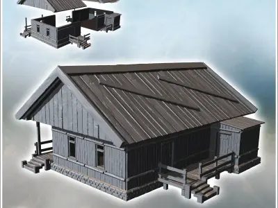 Traditional wooden house with a raised porch and steps leading t 3D print model