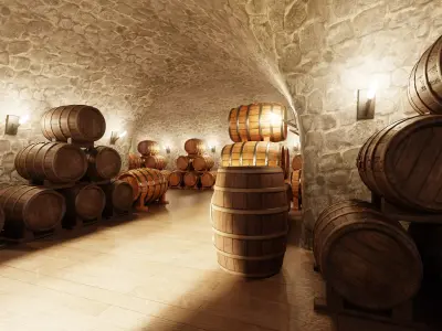 Wine Cellar V3 - Stone Vault with Wooden Barrel Storage 3D model