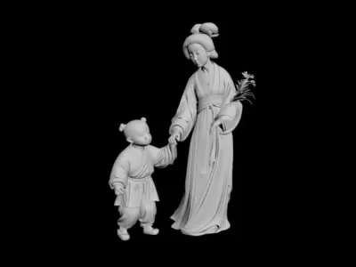 Abstract Tang Song Street Scene Mother and Child 3D model