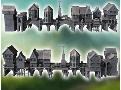 Medieval bridge set with houses statues cranes on stilts 12 - Me 3D print model