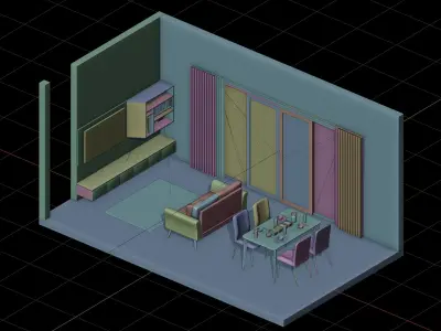 Isometric Dining Living Room Wood Theme 3D model