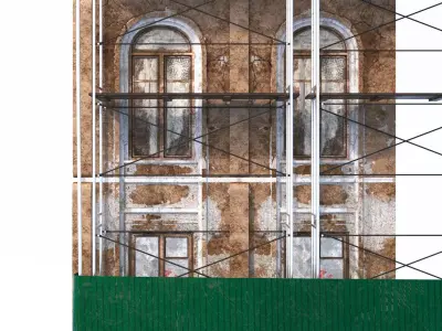  Wall with windows and fence of an old house Low-poly 3D model Low-poly 3D model