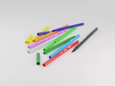 Markers in 10 different colors with brush tip Low-poly 3D model
