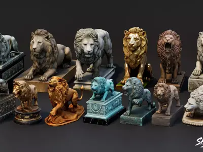 Lion Statues Pack VOL2 Low-poly 3D model