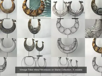 Vintage Tribal Metal Necklaces on Stand Collection 3D Model Pack