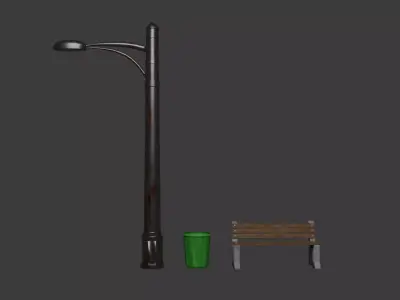 Game Ready Street Light Bench Dustbin Low-poly 3D model