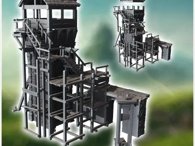 Medieval stone tower and wooden staircase and guillotine 14 - Me 3D print model
