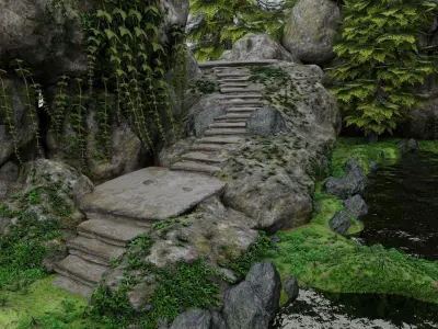Scene rock garden with trees and rocks 3D model