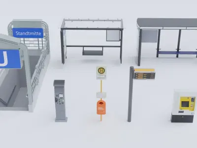 German Berlin Bus Stop Sign street elements pack 3D model