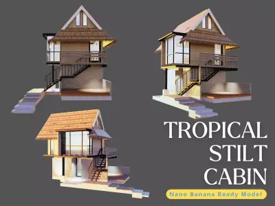 Tropical Stilt Cabin Eco Wooden House with Nipa Roof 3D model