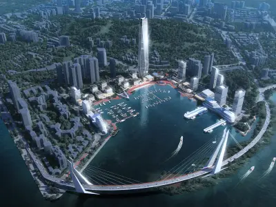 Coastal Marina Cityscape with Landmark Tower and Cable Bridge 3D model