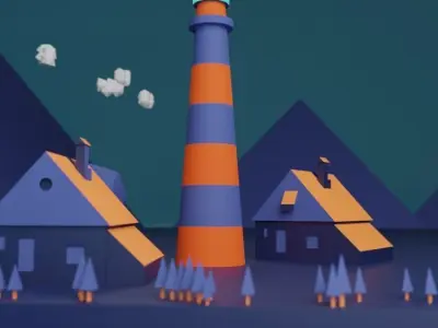 Light house in village Low-poly 3D model