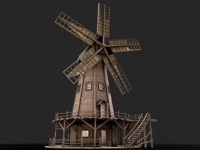 Medieval Wooden Windmill Low Poly PBR Low-poly 3D model