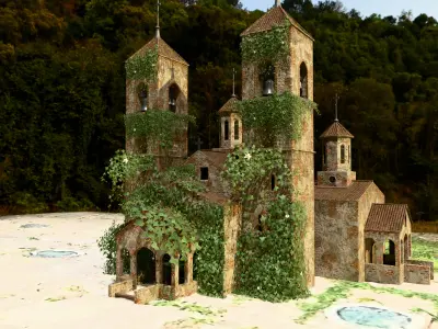 Old Church and 2 Houses And Ivy Houses With Leaf Ground 3D model