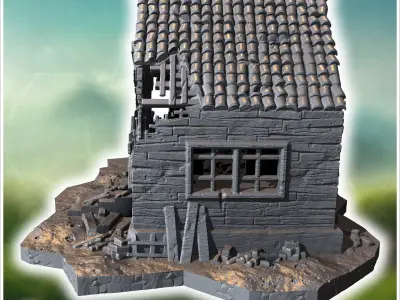 Ruined building with collapsed roof broken walls and scattered w 3D print model