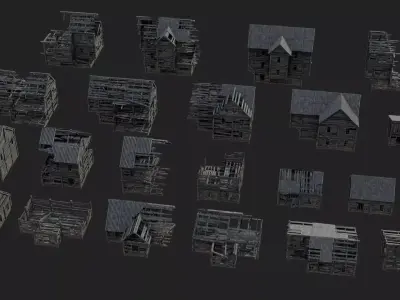 Burned and ruined Wooden Buildings Low-poly 3D model