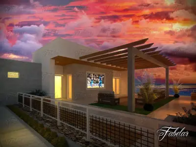 Villa house with ocean and sunset 3D model