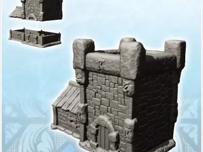 Fortified stone tower with annex building 13 - Medieval Gothic F 3D print model