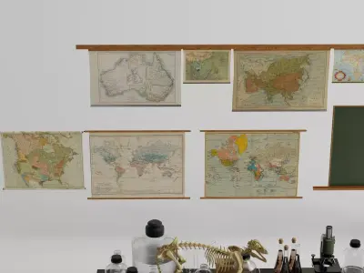 Vintage Classroom Science Lab Old Maps Blackboard Desk Props Low-poly 3D model