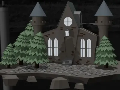 Stylized medieval Castle with Snowy Pines Low Ply 3d Model Low-poly 3D model
