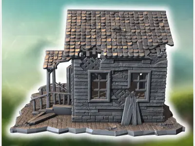 Dilapidated wooden house with a broken porch shattered windows a 3D print model