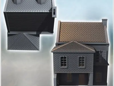 Two-story building with baroque-style roof windows and rear anne 3D print model