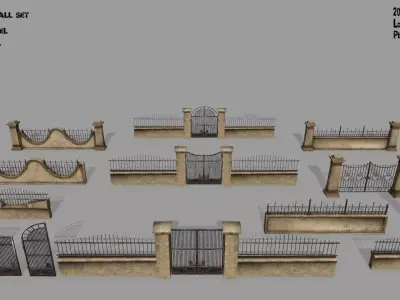 wall set stone with wrought iron railings Low-poly 3D model