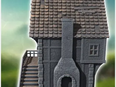 Medieval house with outdoor fireplace half-timbered walls and ac 3D print model