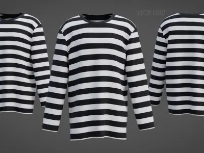 Male Oversized Harajuku Tee Shirt - Long-sleeved Stripes T-Shirt Low-poly 3D model