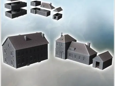Set of modern houses with annex and fireplaces 6 - World War Two 3D print model