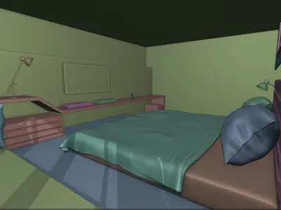 Bedroom with wooden floors and bed 3D model