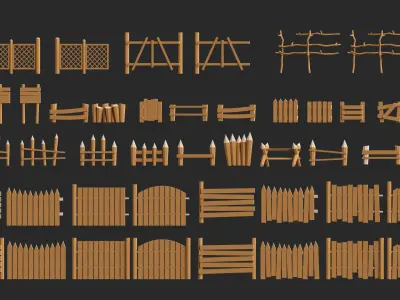 cartoon modular wooden fence low poly pack Low-poly 3D model