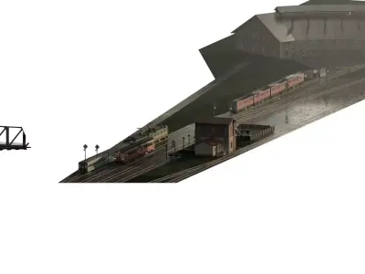 TRAIN DEPOT WITH BRIDGE AND TRAINS 3D model