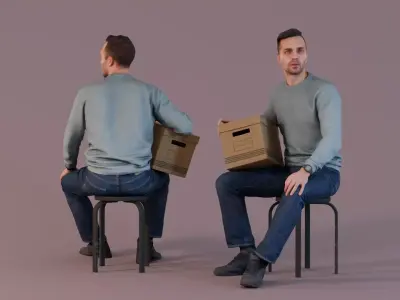 Office Casual - Man Sitting with Bankers Box 3D model