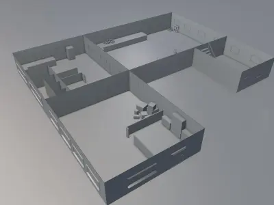 Low Poly Two Storages building with balcony and Animated doors  Low-poly 3D model