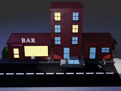 low poly Street bar building at night Low-poly 3D model