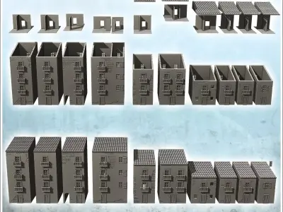 Set of ten urban multi-storey buildings with single roof intact  3D print model