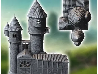 Medieval building with multiple carved doors double towers with  3D print model