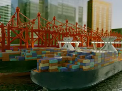 Realistic Port Terminal with cargo-container 3D model