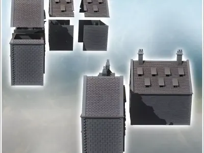 Set of two large modern brick buildings with sloping roofs and d 3D print model